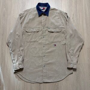Vintage Tommy Hilfiger Corduroy Denim Collar Buttonup Shirt Mens Small Tan